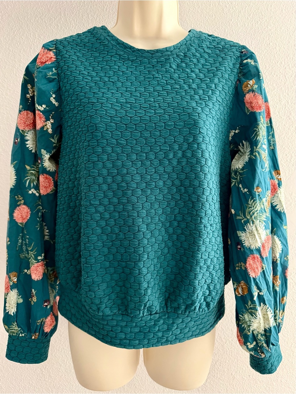 Porridge Anthropology Teal Textured Pullover with Floral Balloon Sleeves